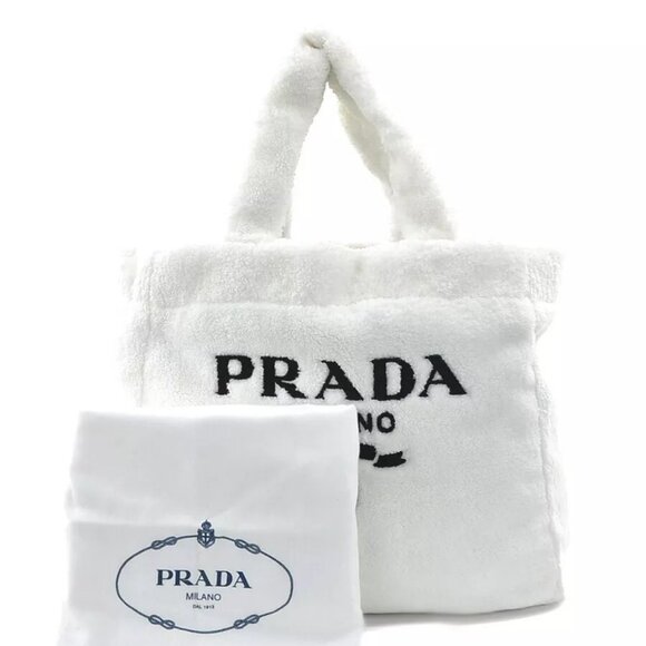 Auth PRADA TERRY Handbag Tote Bag White Pile/Silvertone - Picture 2 of 14